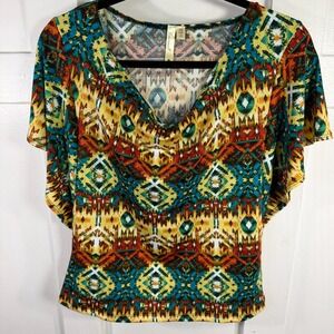 Chenault Womens P S Top Blouse Cowl Neck Flutter Sleeve Geometric Print Made USA